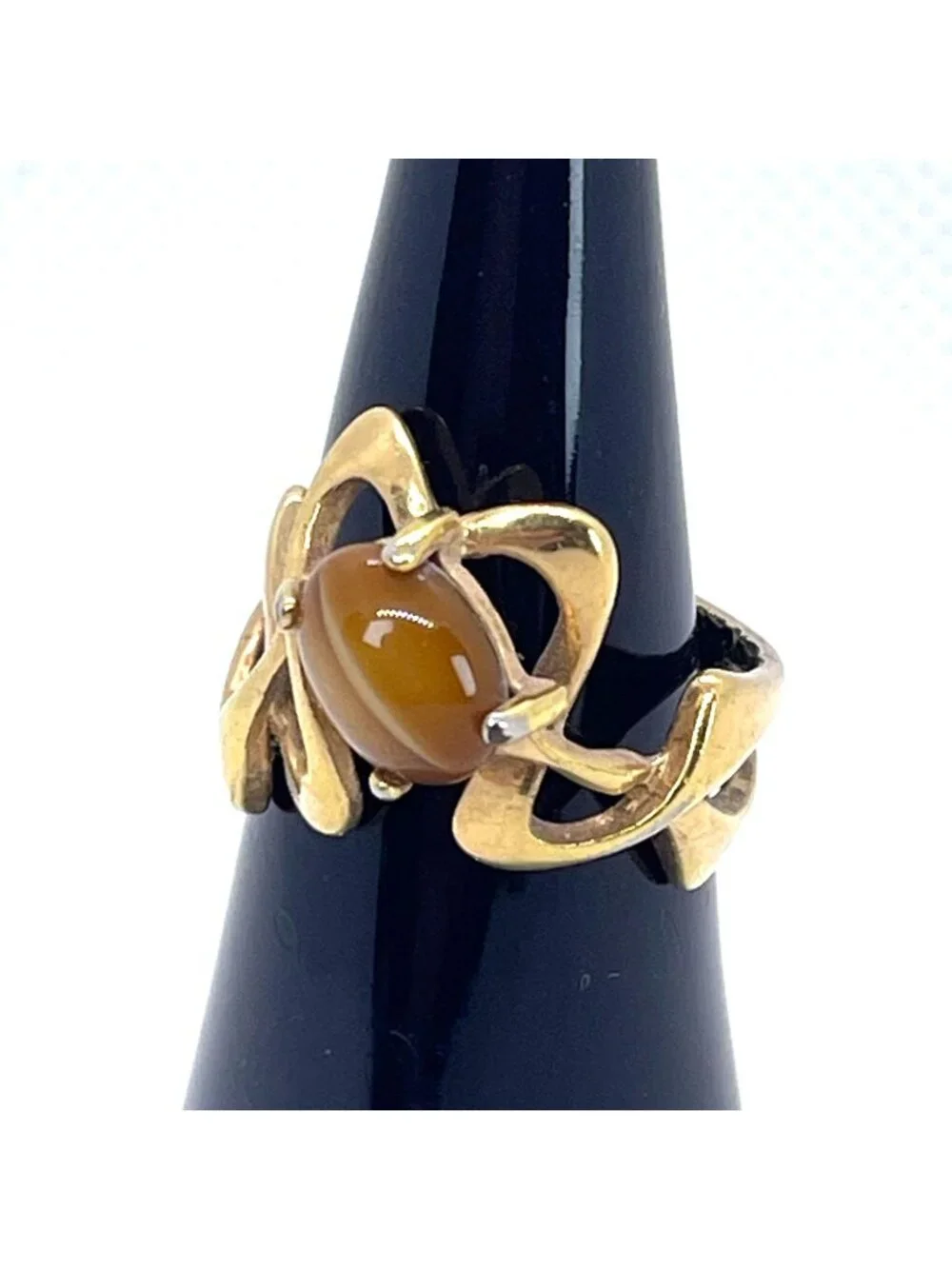 18KT HGE Tiger Eye Ring MCM Gold Plate 70s Open Loop Abstract Size 6.25 Vintage - Picture 2 of 11